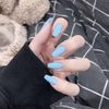 Inilbran Coffin Press on Nails Matte Blue Glue on Nails Medium Long Coffin Fake Nails French Ballerina Stick on Nails Blue Fingernails Solid Color Full Cover Acrylic Nails for Women and Girls 24Pcs