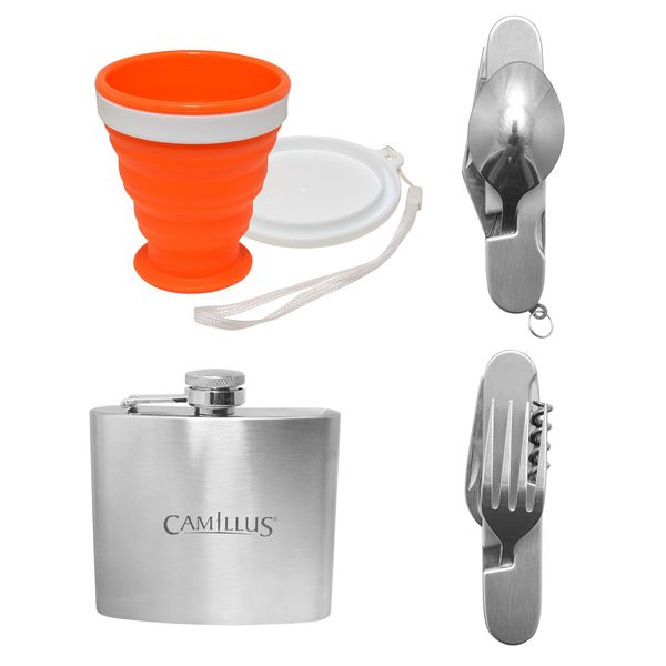 Camillus 4pc camp kit multi tool spoon, multi tool fork, 5 oz flask, folding cup stainless steel flask