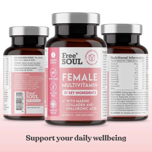 Women's Multivitamins and Minerals with Collagen & Hyaluronic Acid - 27 Essential Vitamins, Minerals, & Botanicals - 60 Tablets | Gluten-Free & No Synthetic Fillers or Binders | UK Made by Free Soul