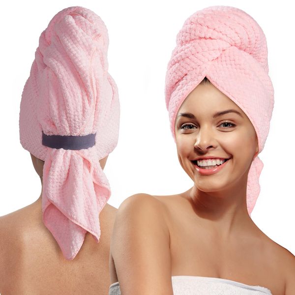 MABAO Microfiber Hair Towel Wrap for Women, Quick Dry Hair Turban Towel with Elastic Band, Microfiber Plopping Towel for Curly Hair, Long & Thick Hair 26.3" X 40" (Pink)