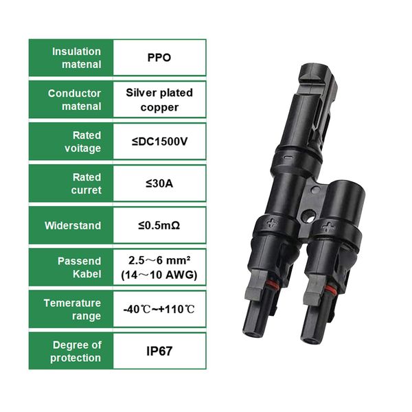 Y Stecker Männlich/Weiblich, Solar Photovoltaik Steckverbinder, T-Typ Solarstecker, Solarpanel Kabelstecker (1Y2)