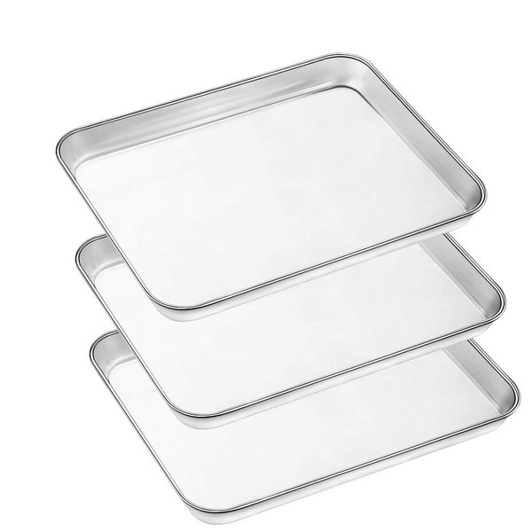 Baking Pans Sheet, 3 Piece Large Cookie Sheets Stainless Steel Baking Pan for Toaster Oven, Umite Chef Non Toxic Tray Pan, Mirror Finish, Easy Clean, Dishwasher Safe, 10 x 8 x 1 inch