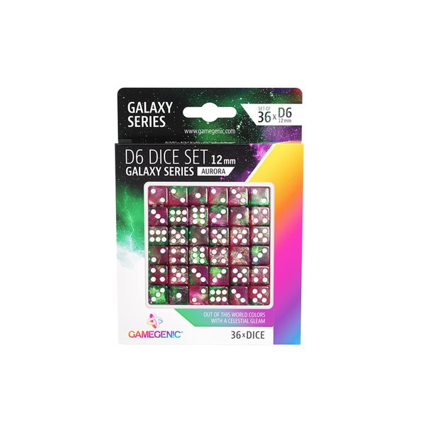 Galaxy Series Aurora D6 Dice Set Set of 36 Six-Sided Dice Premium Quality Resin Dice for Dice Games, Board Games and Card Games Cosmic Glittering Design Green and Purple Made by Gamegenic