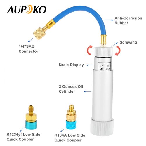 Aupoko AC Oil Injector Kit, R134A Oil Injector with R1234YF Low Side Quick Coupler, HVAC Dye Oil Injector with 1/4" SAE Connector, for R134A R22 R12 R1234YF Refrigerant System