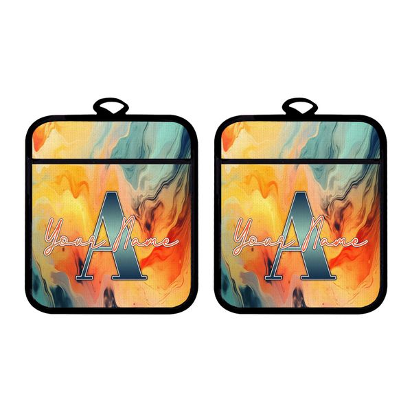 Bleu Reign Personalized Potholder Set Custom Name Abstract Art Pattern Design Organic Fluidity Sunrise Linen