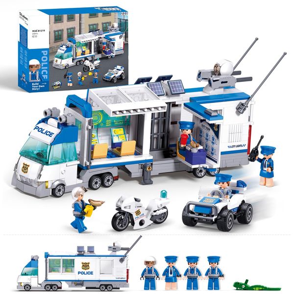 City Police Command Center Truck Building Toy, Police Mobile Car Toy, Motorcycle, Police Cop Patrol, 4 Minifigures Compatible with Lego City Transporter Truck, Ideal Gift 6-12 Boys Girls, 510pcs