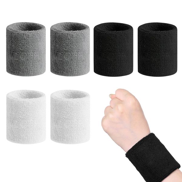 SweatBand, 6 Pieces Sports Wristbands, Breathable Sweatband Wrist, Black, White, Gray