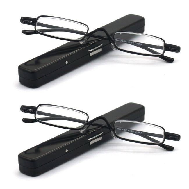 EYE ZOOM 2 Pack Metal Mini Reading Glasses with Spring Hinge Slim Light Case, Black, Strength +2.00
