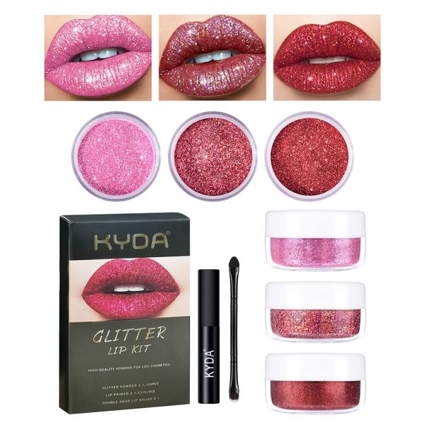 FREEORR 3 Colors Glitter Lip Kit, Diamond and Glitter Metallic Lip Powder with Lip Primer, Waterproof Long Lasting & Smudge Proof, Shimmer Sparkly Glitter Lip Cosmetic without Sticky Flake Off Set A