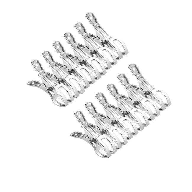 TOMSING 12 Piece Set Clothespins Stainless Steel Strong Large Size Windproof Futon Rod Shears Pinch Clothes Drying Pants Hanger Clip Rust Resistant (Silver 4.7 oz (12 pcs,8.5 cm)