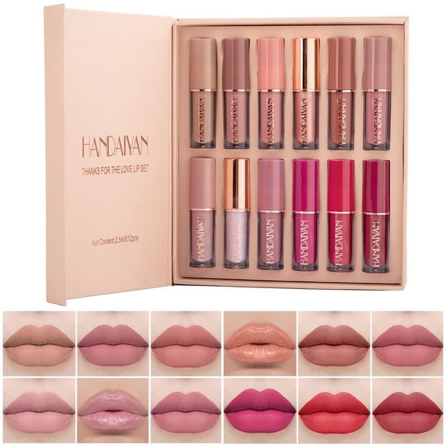 Lipgloss Set, Lippenstift Set, 12 Farben Nude Matte Lippenstifte, Antihaft-Tasse Lipgloss Flüssiger Lippenstift Set,Wasserdichte Langlebige Flüssigkeit Lippenstift Set, Frauen Geschenk