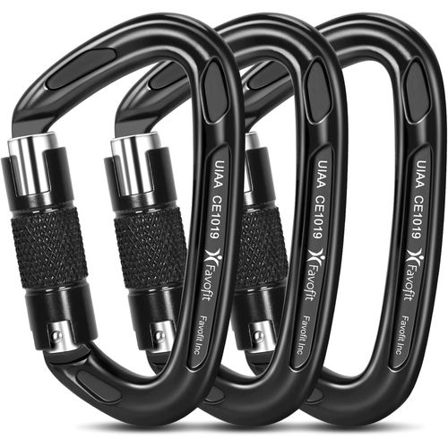 Locking Climbing Carabiners Heavy Duty - Favofit UIAA Certified Rock Climbing Clips for Climbers - Large Caribeaner as Firefighter Safety Survival Gear Equipment (3 Pieces - 25KN)