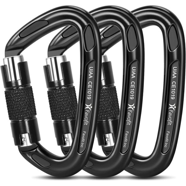 Locking Climbing Carabiners Heavy Duty - Favofit UIAA Certified Rock Climbing Clips for Climbers - Large Caribeaner as Firefighter Safety Survival Gear Equipment (3 Pieces - 25KN)