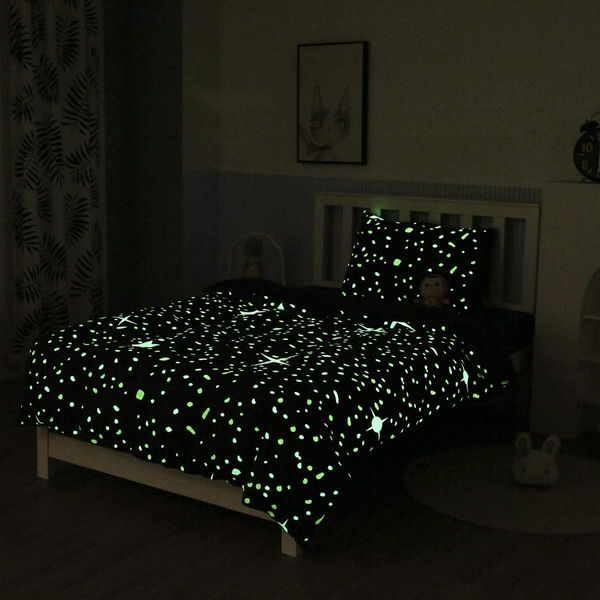 Homemissing Kids Glow in The Dark Duvet Cover Blue Cartoon Stars Universe Bedding Set for Boys Girls Toddler Bedding & Linen Starry Sky Bedspreads with Zipper Single