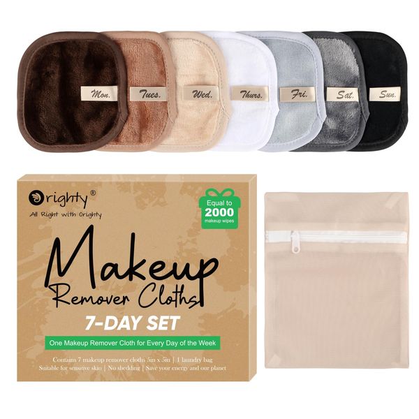 Orighty Makeup Remover Cloths 7-Day Set, Premium & Reusable Makeup Remover Pads, Erase Makeup With Just Water, Makeup Set For Eyes, Lips, Foundation and more, Ideal Choice For Women (Neutrals)