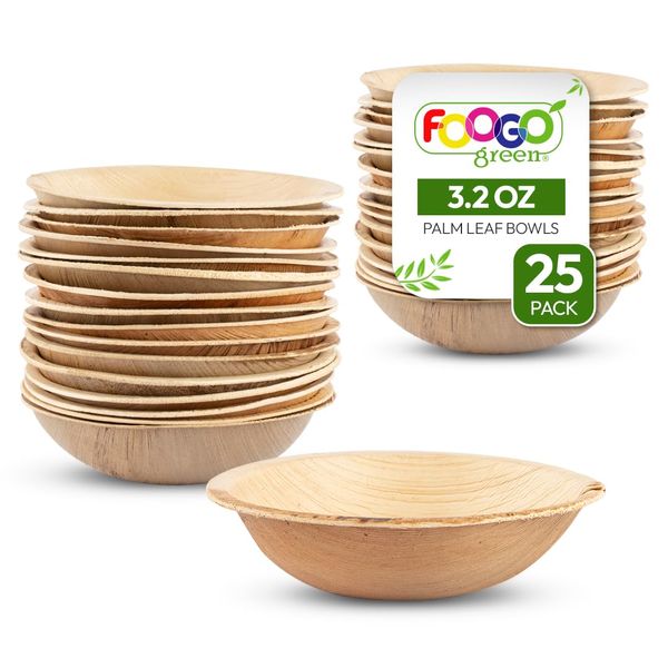 FOOGO Green 25 Disposable Palm Leaf Mini Bowls, 4" (10cm) Round, 90ml (3oz), Mini Ketchup pots, Sauces & Dips, Eco Friendly Home Compostable, Like Wooden Bowl, Bamboo Bowls, Paper Bowl