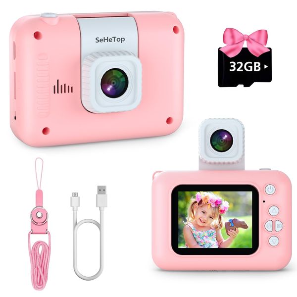 Kids Camera,1080P HD Digital Selfie Camera for Kids with 32GB SD Card &180°Flip Lens, Children Video Camera Toys for Girls, Christmas Birthday Gifts for Age 3 4 5 6 7 8 9 Years Old Girls (Pink)