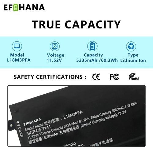 EFOHANA L18M3PFA L18D3PF2 Laptop Battery Replacement for Lenovo Yoga C740-15 C740-15IML-81TD Series 5B10T83740 5B10W67402 5B10T83739 5B10W67258 3ICP4/67/141 11.52V 60.3Wh 5235mAh