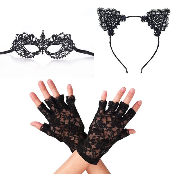 BINQILIN 3PCS Halloween Costume Accessories Fancy Dress Accessories Lace Cat Ears Headband Lace Gloves Sexy Masquerade Masks for Women Costume Party Cosplay