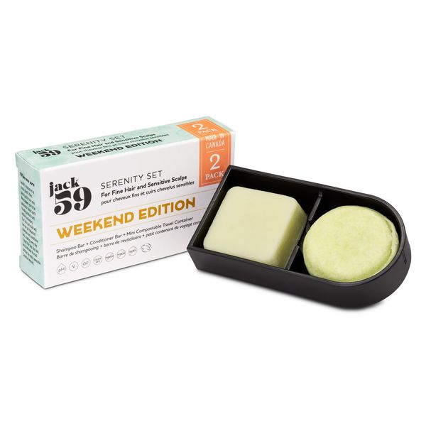 Jack59 Weekend Edition Travel Set with Mini Compostable Container for Fine Hair and Sensitive Skin, pH Balanced Travel Shampoo Bar, Sulfate Free, Shampoo Bars and Conditioner Set, Serenity 95g