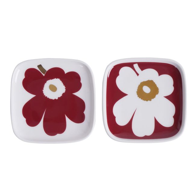 Marimekko Juhla Unikko Plate, 3.9 x 3.9 inches (10 x 10 cm), Set of 2, White x Burgundy x Gold (78) [71344] 70th Anniversary