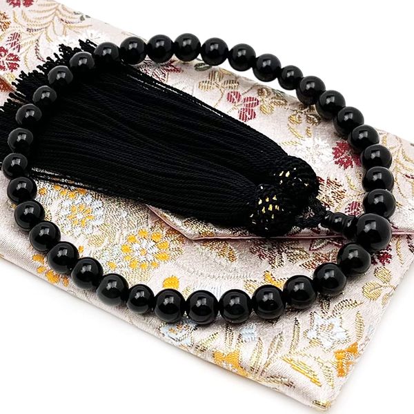 Eizen Nenjuya Prayer Beads for Women (Black Onyx, 0.3 inch (7 mm) Ball, Head Clasp Included, Nishijin Textile, Can be Used in All Sect Buddhist Prayer Beads, Handmade