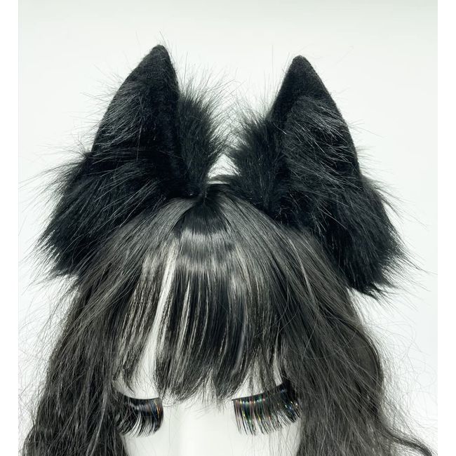 CoFoWo Cat Fox Wolf Ears Headband，Furry Ears, Wolf Ears Cosplay Costume, Halloween Christmas Animal Cosplay (Pure Black)