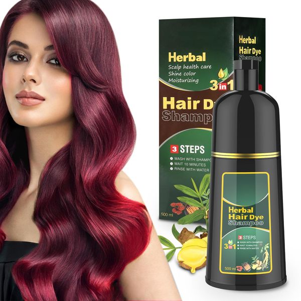 Tanfeine Wine Red Shampoo Natural Red Hair Shampoo Herbal Hair Color Shampoo 3 in 1 for Women Men Home Salon Wine Red Hair Dye Shampoo for Gray Hair Coverage 16.9Fl Oz (Red Wine)