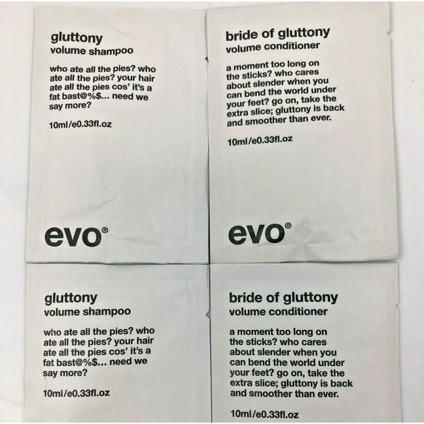 EVO Volume Shampoo & Conditioner 4 Gluttony & 4 Bride of Gluttony Sample Packs