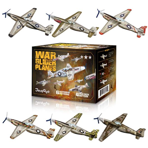 JOYGOGO 24 Pack War Glider Planes, Toy Glider Plane, 6 Different Designs Party Favors for Kid, Easy Assembly, Valentines Airplanes, Birthday Party Favor, Carnival Prizes