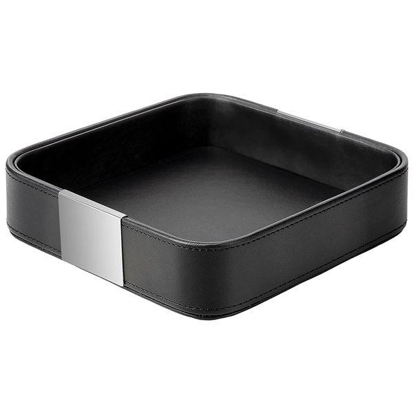 SANZIE Luxury Leather Desktop Storage, Small Catchall Organizer, Decorative Tray for Entryway Table to Hold Jewelry,Watch,Cosmetics,Keys,Phone,Wallet,Home & Office Accessories (Metal Silvered, Black)