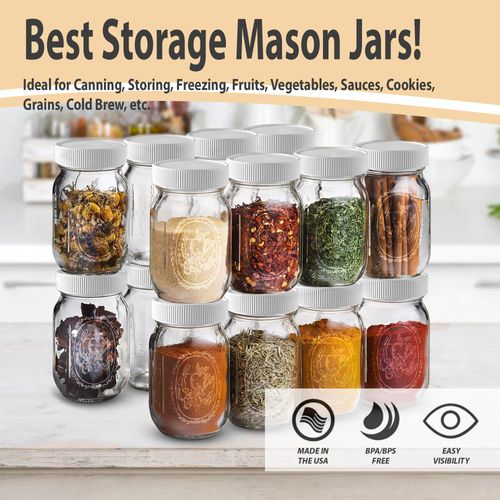 Regular Mouth Mason Jars 16 oz - (2 Pack) - Regular Mouth 16-Ounces Pint Mason Jars with White M.E.M Food Storage Plastic Lids - For Storage, Canning, Freezing, Leak Proof, Microwave & Diswasher Safe