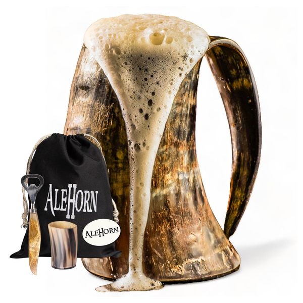 AleHorn Viking Horn Mug, Shot Glass and Bottle Opener Bundle | Viking Drinking Horn Set | Viking Horn Cup, Viking Mug Gift Ideas For Him - Viking Drinking Horn Mug Set for Beer, Ale or Mead - 16 oz