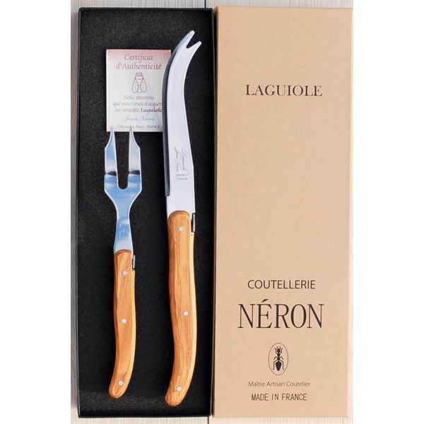 Laguole Olive Handle Cheese Knife and Fork Set Gift Box Made in France NERON