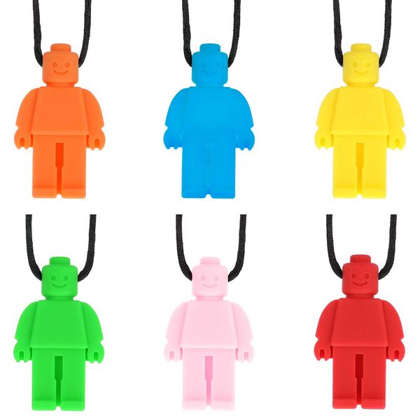 Robot Men Tooth Chew Necklace,6PCs Baby Teething Necklace Chewing Necklace Teether Chew Toys for Kids,Sensory Chew Necklace Biting Sensory Children Chew Toy Silicone Chewy Boys Girls