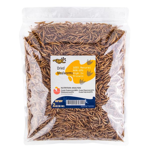 RANZ 2LBS Non-GMO Dried Mealworms for Chickens, High Protein Meal Worms, Premium Chicken Feed, Whole Large Mealworms for Wild Birds, Ducks, Fish