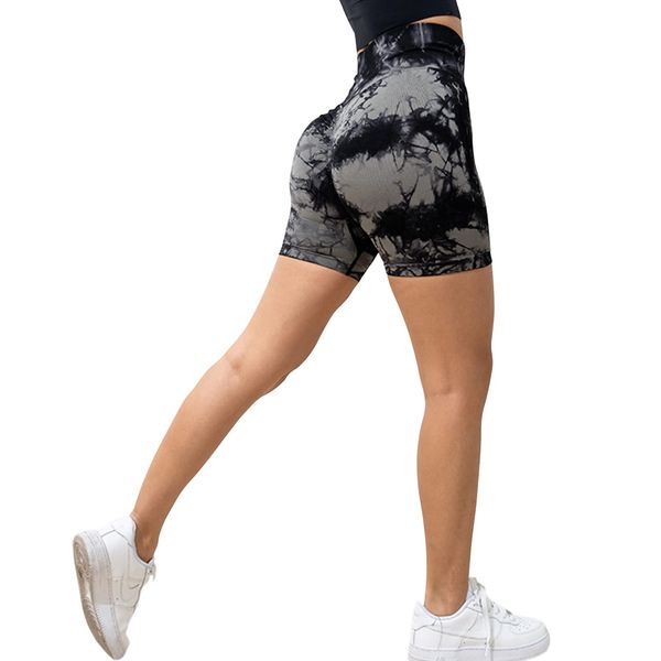 Xunerloy Scrunch Butt Radlerhose Damen Sport Gym Shorts Seamless Kurze Sporthose Leggins Kurz High Waist Blickdicht für Biker Yoga Fitness Tie Dye Schwarz S