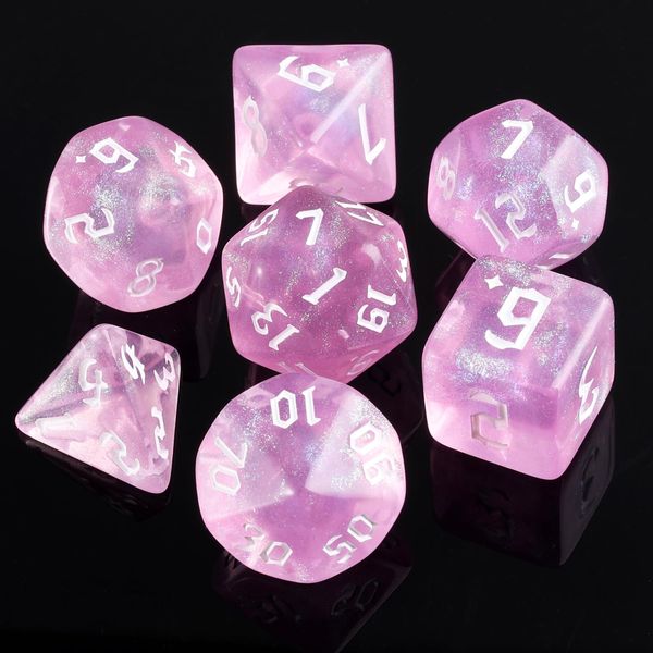 DND Dice Pink Transparent Dice with Color Changing Glitter for Dungeons and Dragons Role Playing Game,D&D,MTG,Pathfinder Dice Set with Dice Pouch