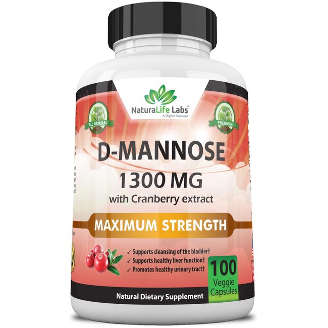 D-Mannose 1,300 mg with Cranberry Extract Fast-Acting, Flush Impurities, Natural Urinary Tract Health- 100 Veggie Capsules