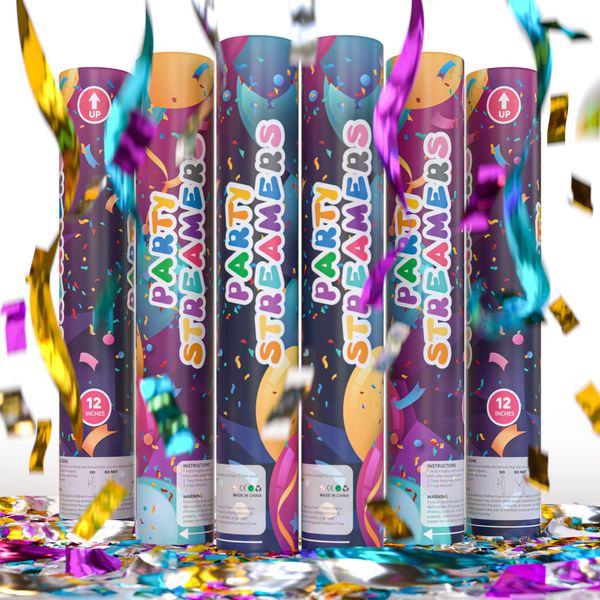 6 Pack Easy Clean Streamer Confetti Cannon Confetti Poppers | Shiny Multicolor Streamers | TUR Party Supplies | Launches Up to 25ft | Giant (12 in) | Party Poppers for Graduation, Birthdays, Weddings