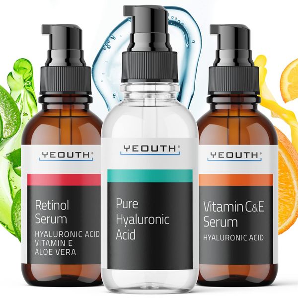 YEOUTH Vitamin C, Retinol & Hyaluronic Serum - 3 x 30 ml Face Serum Set - Women & Men Set - Hyaluronic Acid Retinol & Vitamin C for Face