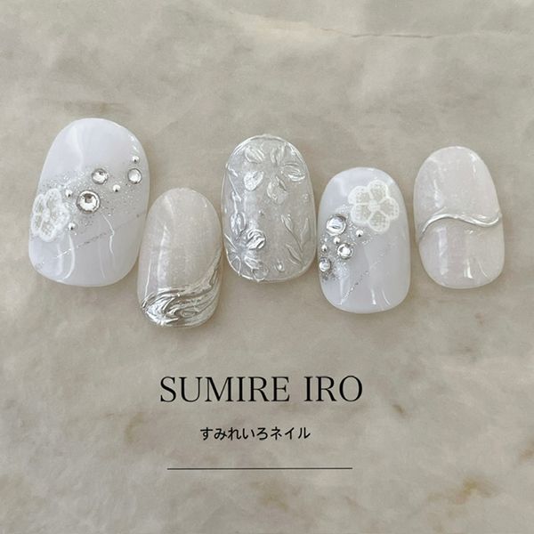 Nail tips False nails Bridal nails Short Coming-of-age nails Design Simple nails Nail Beige nails Small nails Large nails Very short Chibi nails Adult nails False nails Custom nails<br> [o2182] White Flower Stone Gold Mirror Flower