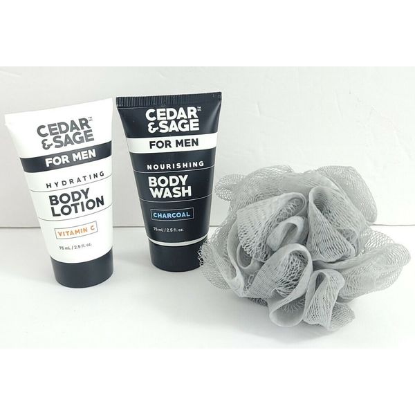 3-In-1 Men Grooming Kit Cedar & Sage Charcoal Body Wash Vitamin C Lotion Sponge