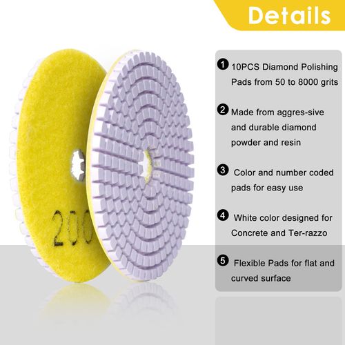 14PACK Diamond Wet Polishing Wheel Set, 100mm Wet/Dry Diamond Polishing Wheels for Granite, Concrete, Tile, Stone Grinding, Mixed Grit 50-8000 Grit Sanding Pads with M14 Backer Pad & 2 Wool Pads