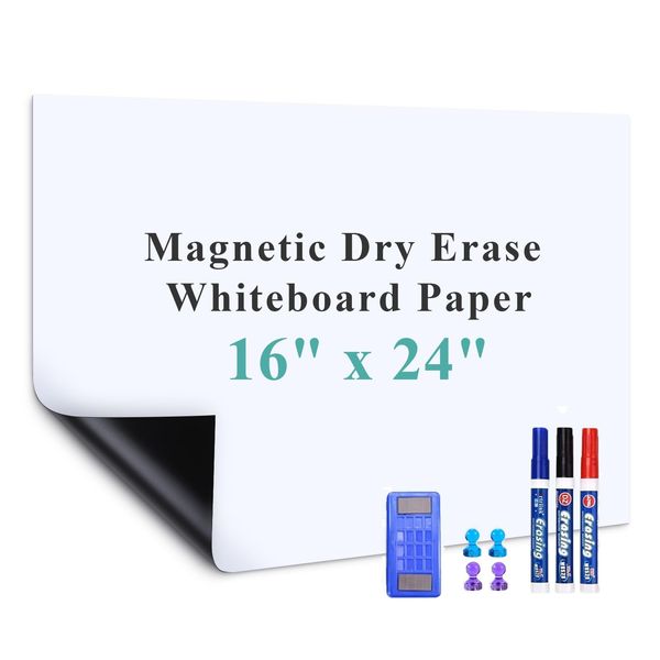 Warasee Magnetic Dry Erase Whiteboard Paper, 16" x 24" Self Adhesive Whiteboard for Wall, Easy to Write and Clean Dry Erase Board for Kids, Office, Home, with Marker, Magnetic Eraser and Magnets