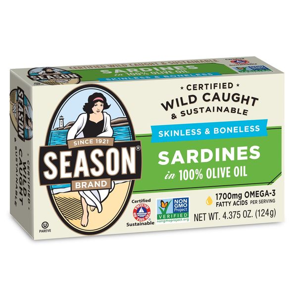 Season Sardines in Olive Oil – Skinless & Boneless, Wild Caught, 22g of Protein, Keto Snacks, More Omega 3's Than Tuna, Kosher, High in Calcium, Canned Sardines – 4.37 Oz Tins, 6-Pack