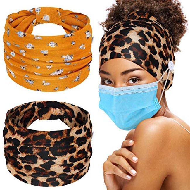 Chuangdi 6 Pieces Headband with Buttons African Headband Bobo Knot Turban Wide Nurse Button Head Wraps Elastic Headbands Sport Beach Hair Accessories