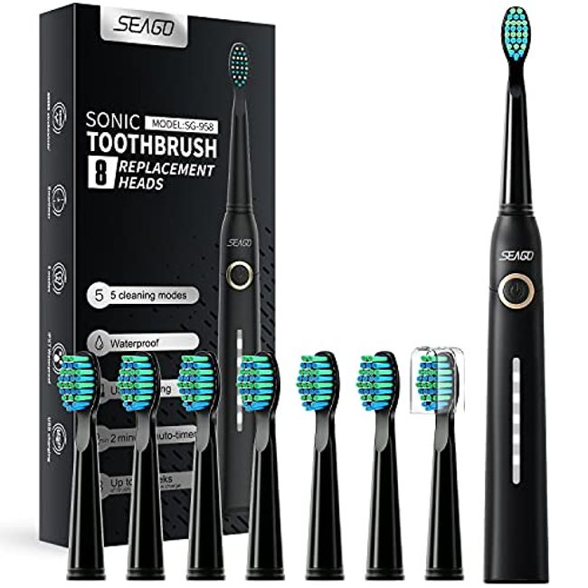 SEAGO Electric Toothbrush for Adults, with 8 Brush Heads and 5 Modes, Rechargeable Sonic Toothbrush Once Charge for 30 Days, Travel Tooth Brush with 2 Mins Timer, IPX7 Waterproof SG-958(Black)