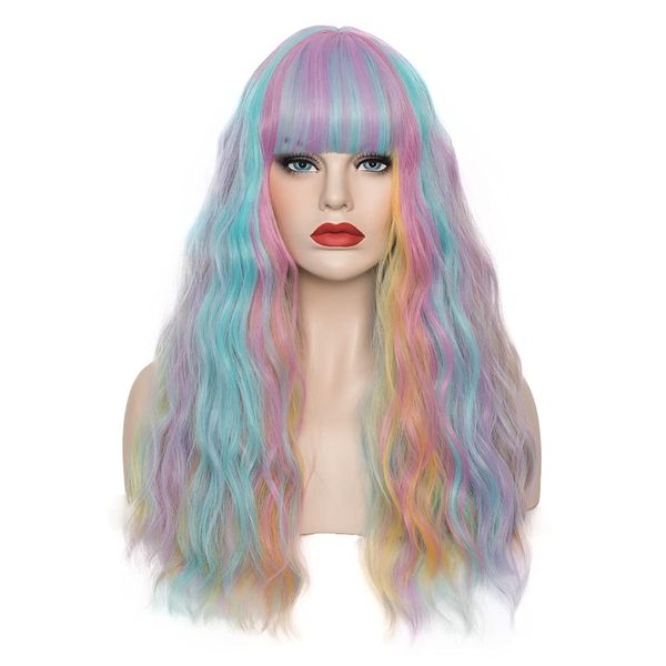 WGPFWIG Women's Multi Color Rainbow Wig 22''Long Curly Wavy Wig Shoulder Length Flat Bangs Wig For Women Girl Cosplay Party Halloween Wig Cap Included (22''Multi Color Rainbow)