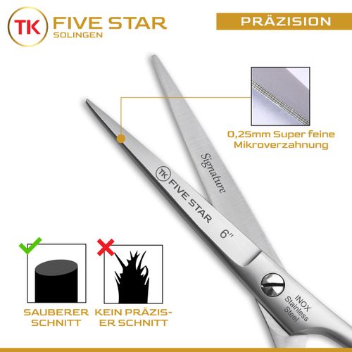TK FIVE STAR SOLINGEN® Signature Professional 6 Inch Extra Sharp Hairdressing Scissors Hair Scissors Beard Scissors Hair Cutting Scissors Rustproof for Women Men Hairdressers and Children for Strong